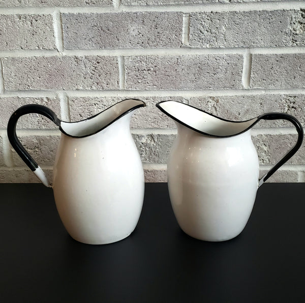 Pair of Antique White Enamelware Black Trim Pitchers Petite Size