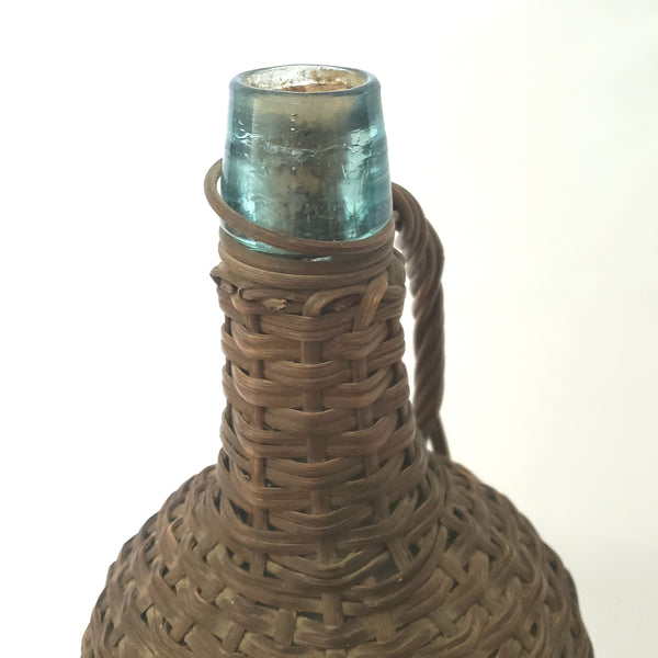 Antique Aqua Green Demijohn Glass Bottle, Wicker Woven 16 " With Wooden Base