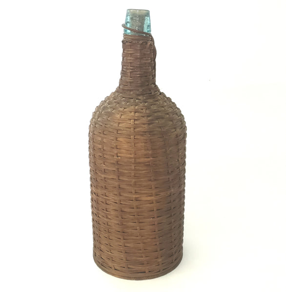 Antique Aqua Green Demijohn Glass Bottle, Wicker Woven 16 " With Wooden Base