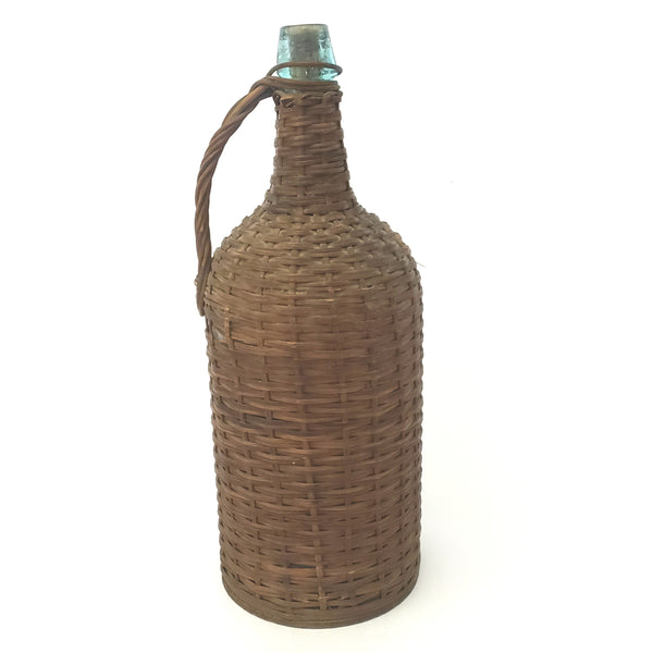 Antique Aqua Green Demijohn Glass Bottle, Wicker Woven 16 " With Wooden Base