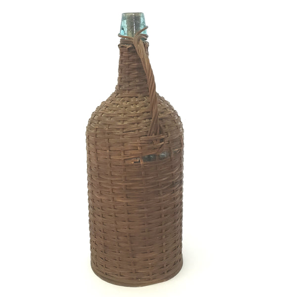 Antique Aqua Green Demijohn Glass Bottle, Wicker Woven 16 " With Wooden Base