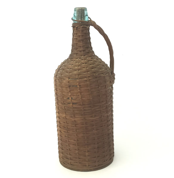 Antique Aqua Green Demijohn Glass Bottle, Wicker Woven 16 " With Wooden Base