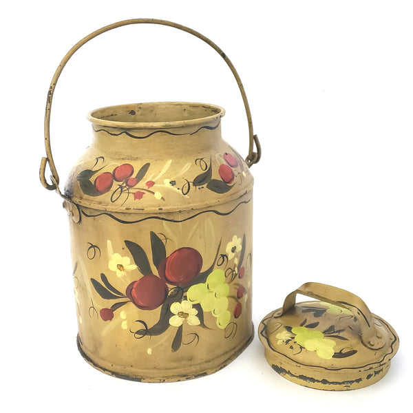 Vintage Folk Art Painted Metal Milk Can with Lid Bail Handle Signed Mary Walborn