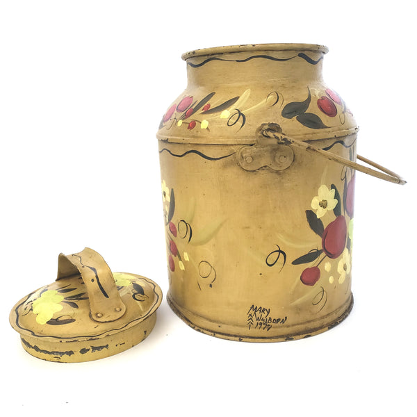 Vintage Folk Art Painted Metal Milk Can with Lid Bail Handle Signed Mary Walborn