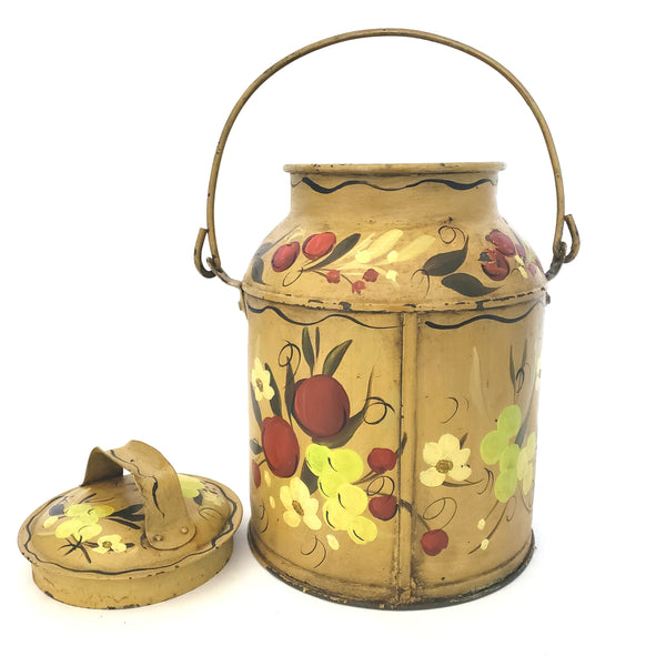 Vintage Folk Art Painted Metal Milk Can with Lid Bail Handle Signed Mary Walborn
