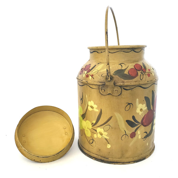 Vintage Folk Art Painted Metal Milk Can with Lid Bail Handle Signed Mary Walborn