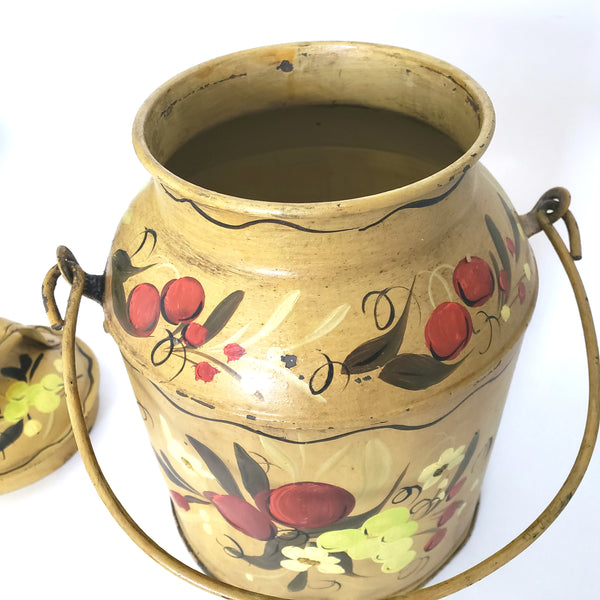 Vintage Folk Art Painted Metal Milk Can with Lid Bail Handle Signed Mary Walborn