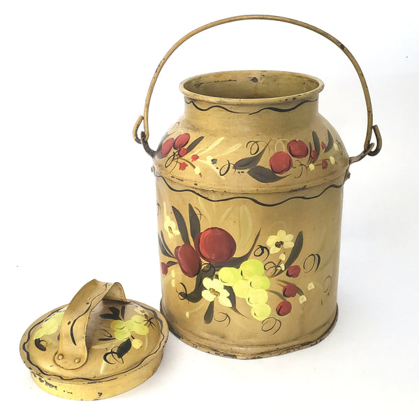 Vintage Folk Art Painted Metal Milk Can with Lid Bail Handle Signed Mary Walborn