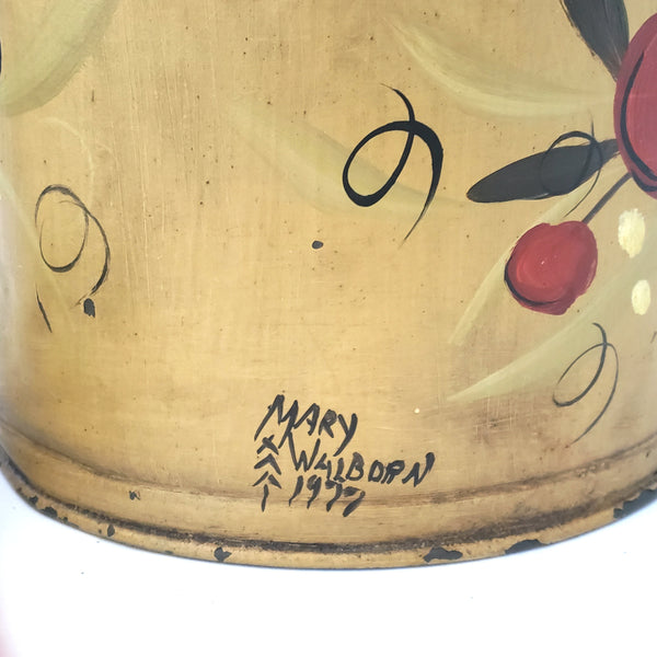 Vintage Folk Art Painted Metal Milk Can with Lid Bail Handle Signed Mary Walborn