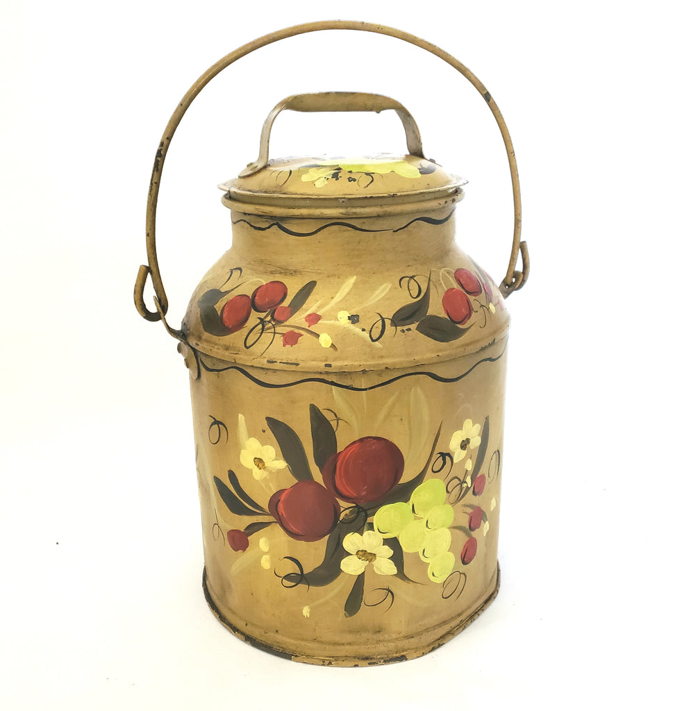 Vintage Folk Art Painted Metal Milk Can with Lid and Bail Handle Signed Mary Walborn