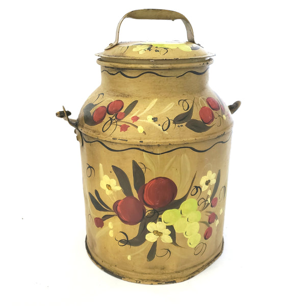 Vintage Folk Art Painted Metal Milk Can with Lid Bail Handle Signed Mary Walborn