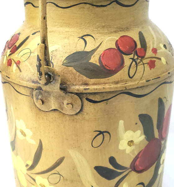 Vintage Folk Art Painted Metal Milk Can with Lid Bail Handle Signed Mary Walborn