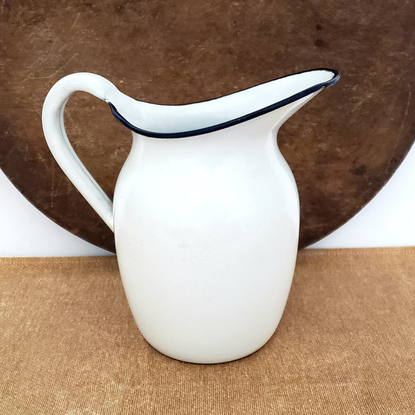 Antique White Enamelware Pitcher 8" Dark Blue Rim Farmhouse Accent