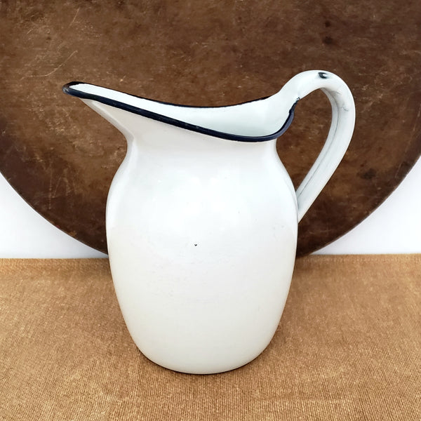 Antique White Enamelware Pitcher 8" Dark Blue Rim Farmhouse Accent