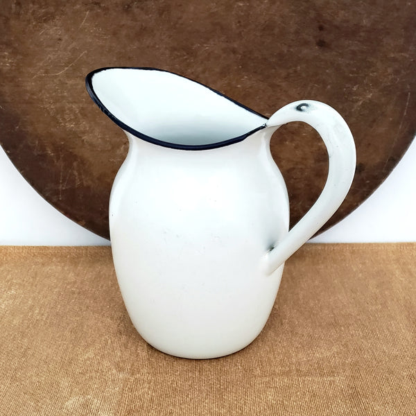 Antique White Enamelware Pitcher 8" Dark Blue Rim Farmhouse Accent