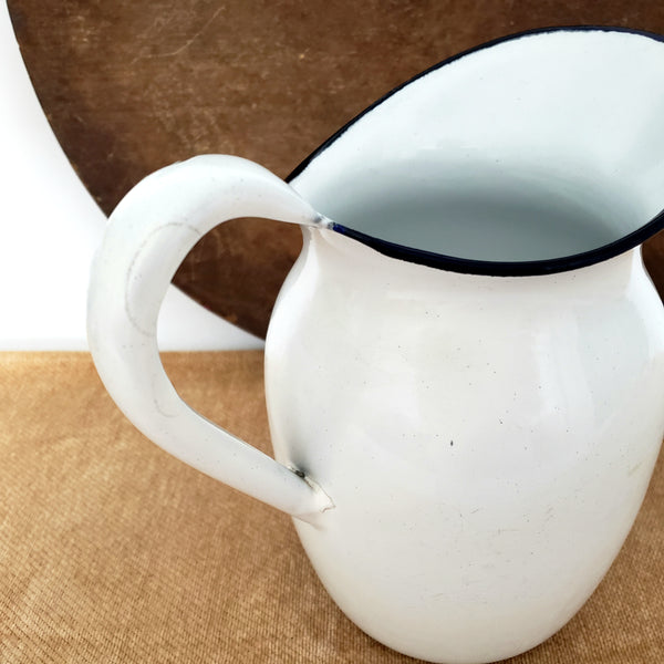Antique White Enamelware Pitcher 8" Dark Blue Rim Farmhouse Accent