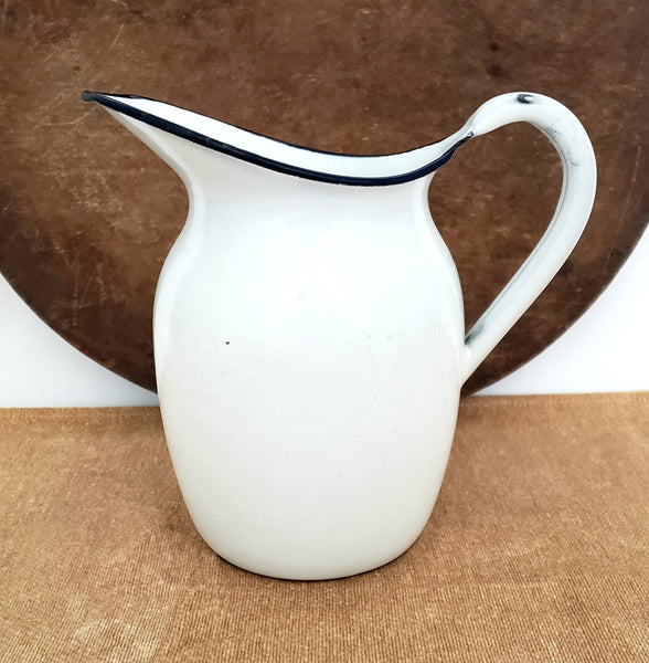 Antique White Enamelware Pitcher 8" Dark Blue Rim Farmhouse Accent