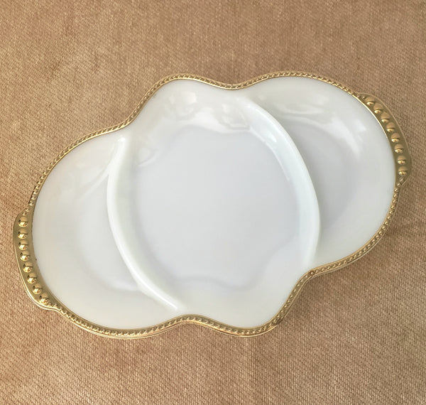 Vintage Fire King Milk Glass Divided Serving Dish Beaded Gold Trim