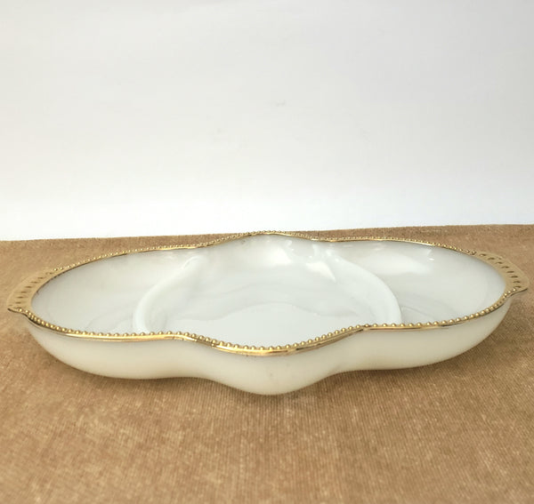 Vintage Fire King Milk Glass Divided Serving Dish Beaded Gold Trim