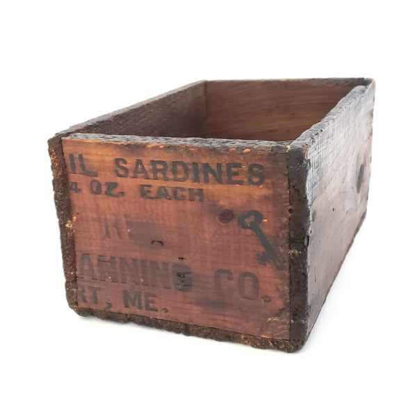 Early Rustic Wooden Rectangular Box Sardine Advertising From Maine