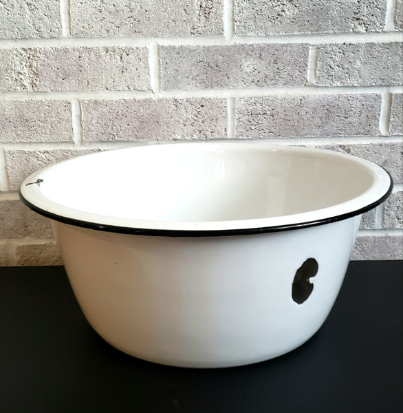Large Vintage White Round Enamelware Basin with Black Trim