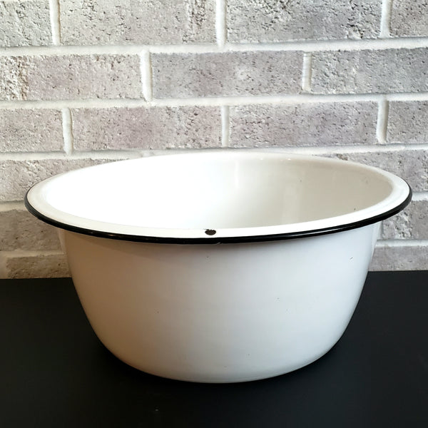 Large Vintage White Round Enamelware Basin with Black Trim
