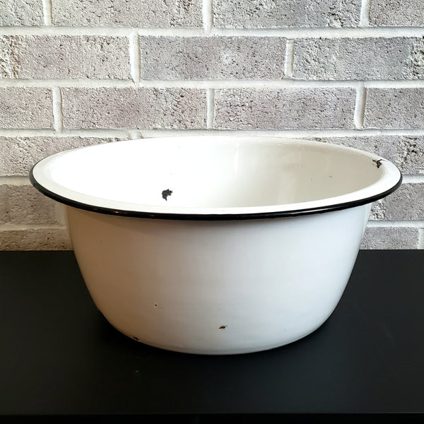 Large Vintage White Round Enamelware Basin with Black Trim