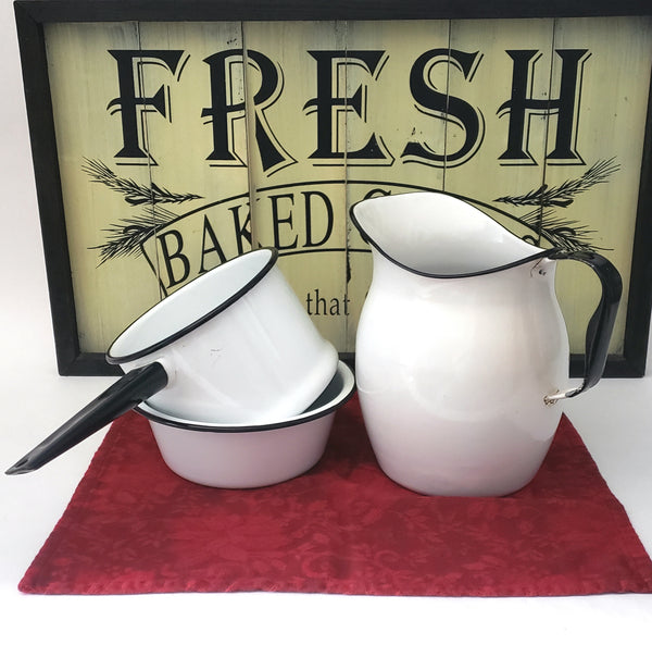 Antique White Enamelware Black Trim Pitcher, Bowl and Pot Collection of 3