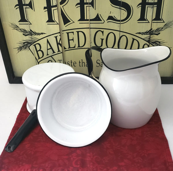 Antique White Enamelware Black Trim Pitcher, Bowl and Pot Collection of 3