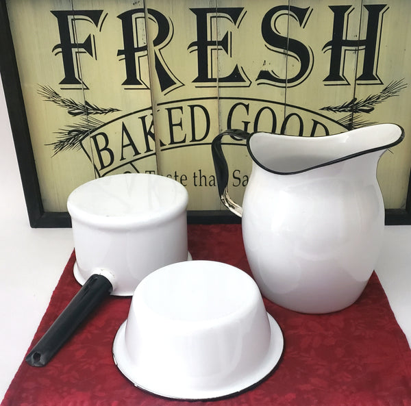 Antique White Enamelware Black Trim Pitcher, Bowl and Pot Collection of 3