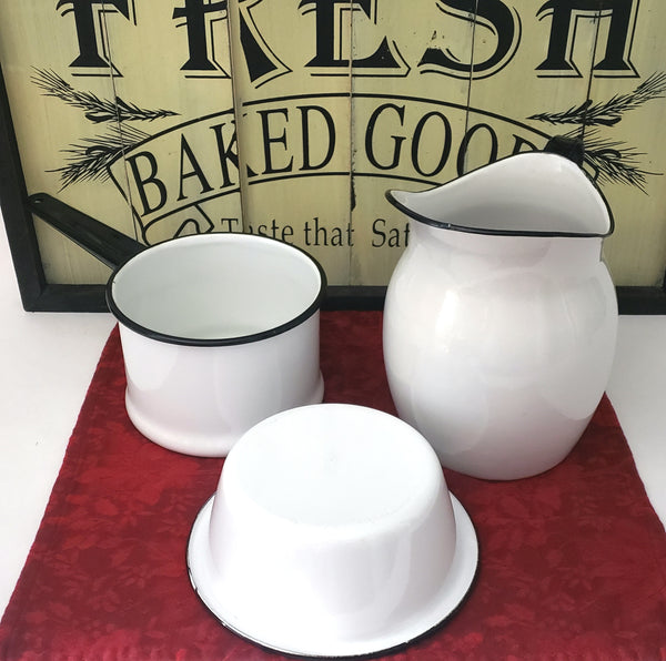 Antique White Enamelware Black Trim Pitcher, Bowl and Pot Collection of 3