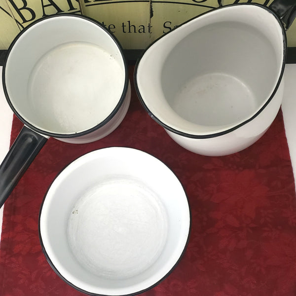 Antique White Enamelware Black Trim Pitcher, Bowl and Pot Collection of 3