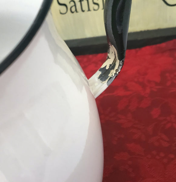 Antique White Enamelware Black Trim Pitcher, Bowl and Pot Collection of 3