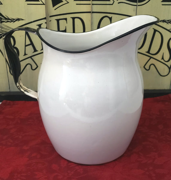 Antique White Enamelware Black Trim Pitcher, Bowl and Pot Collection of 3