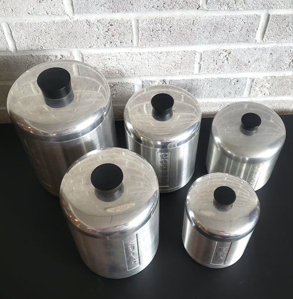 Midcentury Spun Aluminum Kitchen Canister Set of 5 Italy Plus Grease Canister ca. 1950s