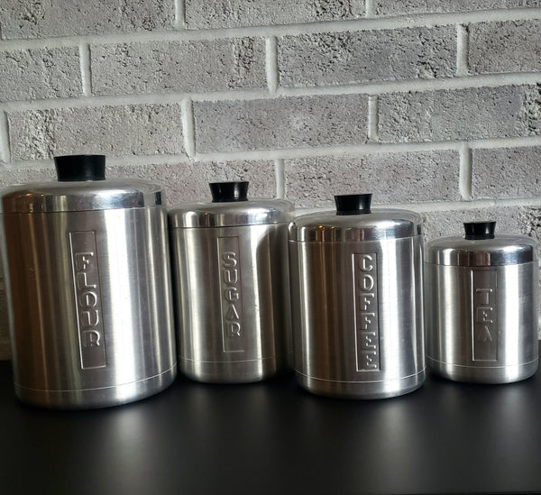 Midcentury Spun Aluminum Kitchen Canister Set of 5 Italy Plus Grease Canister ca. 1950s