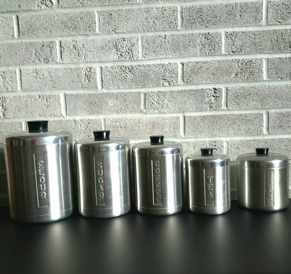 Midcentury Spun Aluminum Kitchen Canister Set of 4 Italy Plus Grease Canister ca. 1950s