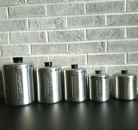 Midcentury Spun Aluminum Kitchen Canister Set of 4 Italy Plus Grease Canister ca. 1950s
