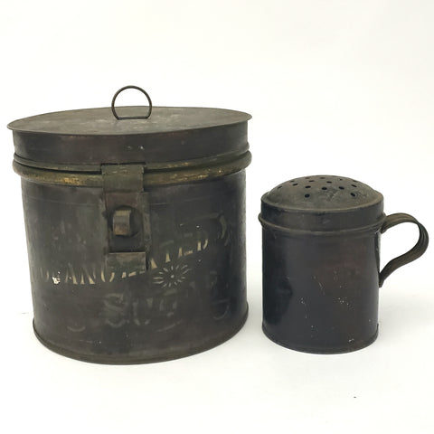 Antique 19th Century Sugar Tin Canister and Shaker Muffineer Early Kitchen Tinware