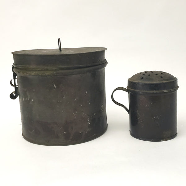 Antique 19th Century Kitchen Sugar Tin Canister and Shaker Muffineer