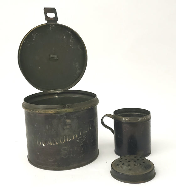 Antique 19th Century Kitchen Sugar Tin Canister and Shaker Muffineer