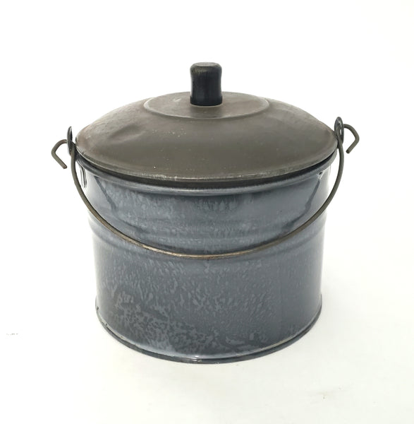 Antique Country Farmhouse Mottled Enameled Berry Bucket with Lid and Bail Handle
