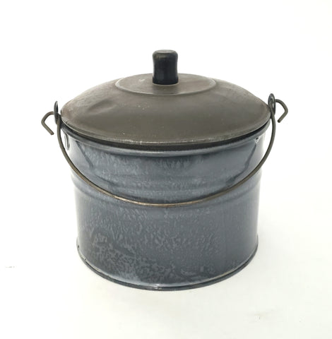 Antique Country Farmhouse Mottled Enameled Berry Bucket Lid and Bail Handle