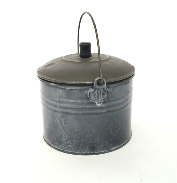 Antique Country Farmhouse Mottled Enameled Berry Bucket with Lid and Bail Handle