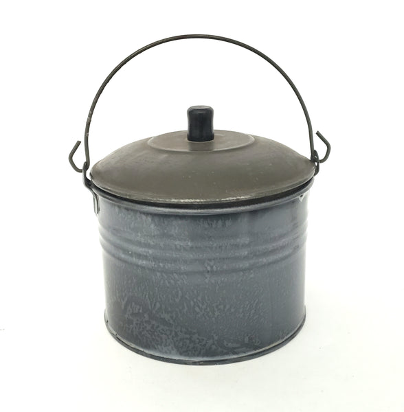 Antique Country Farmhouse Mottled Enameled Berry Bucket with Lid and Bail Handle
