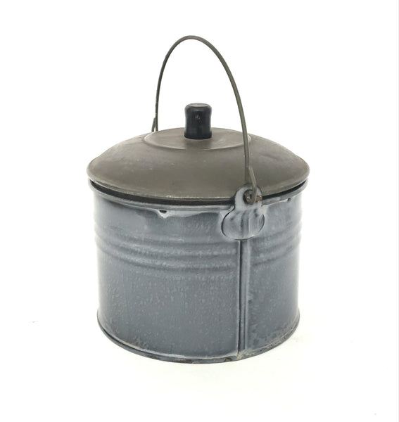 Antique Country Farmhouse Mottled Enameled Berry Bucket with Lid and Bail Handle