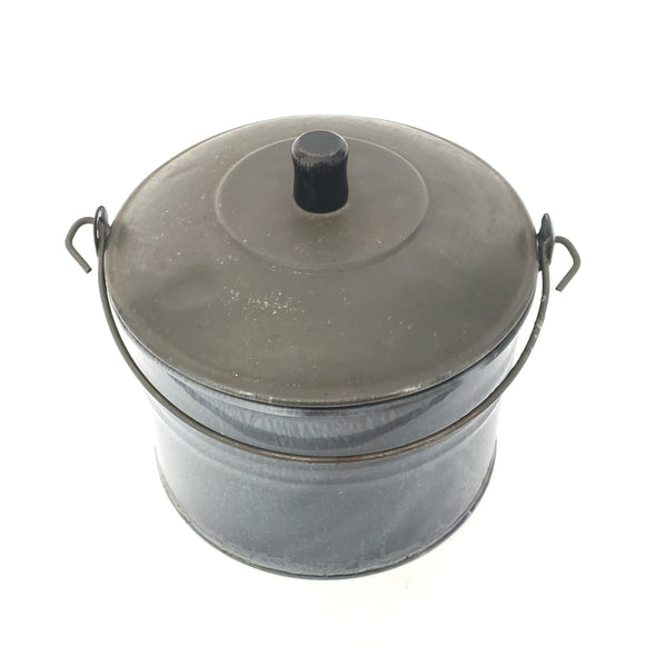 Antique Country Farmhouse Mottled Enameled Berry Bucket with Lid and Bail Handle