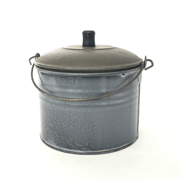 Antique Country Farmhouse Mottled Enameled Berry Bucket with Lid and Bail Handle