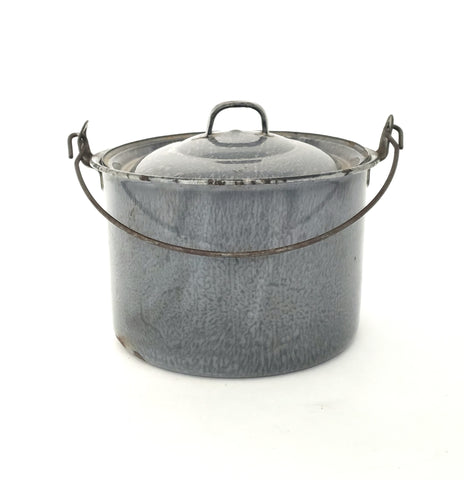 Antique Farmhouse Gray Enameled Berry Bucket with Lid and Bail Handle