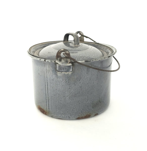 Antique Farmhouse Gray Enameled Berry Bucket with Lid and Bail Handle